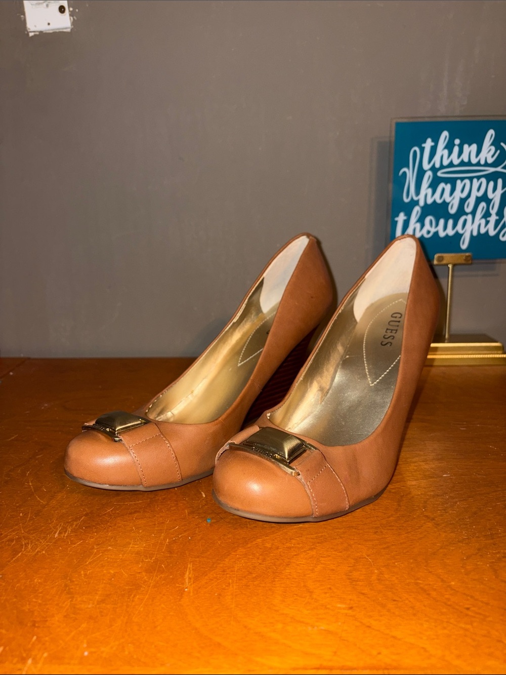 GUESS Women's Brown Leather Wedge Heels with Gold Accent